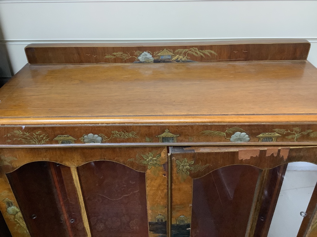 A walnut and chinoiserie display cabinet, width 70cm depth 28cm height 124cm